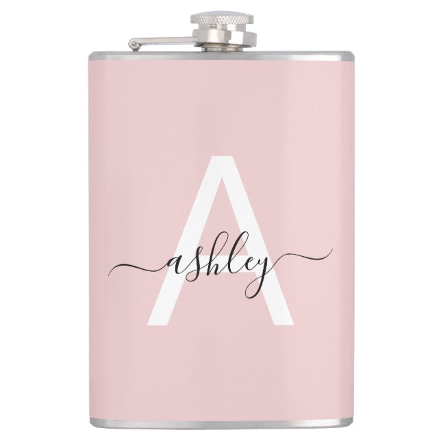 Blush Pink Black Monogram Girly Bachelorette Party Hip Flask (Front)