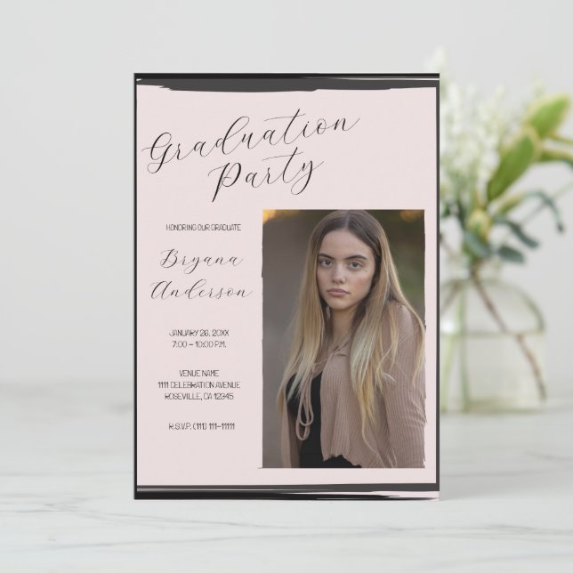Blush Pink & Black Photo Trendy Graduation Party Invitation (Standing Front)