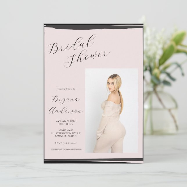 Blush Pink Black Photo Trendy Modern Bridal Shower Invitation (Standing Front)