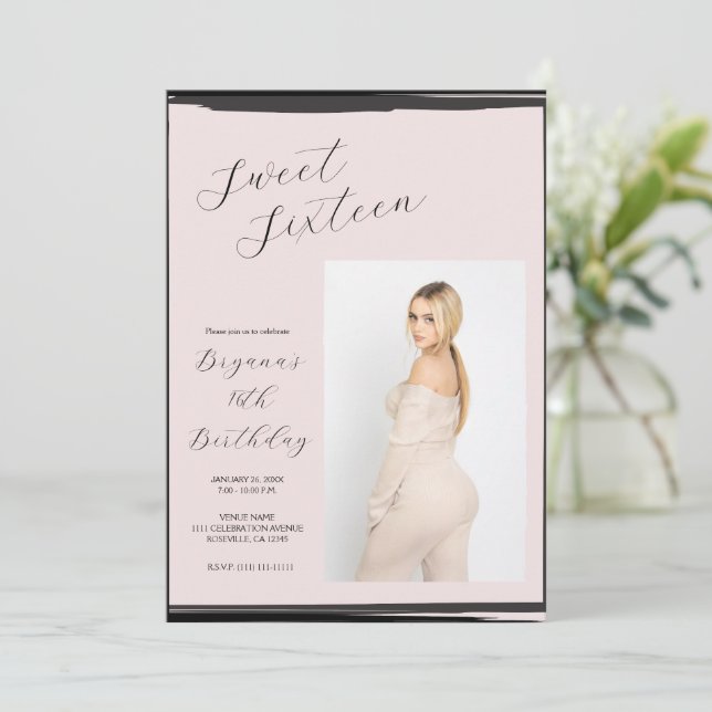 Blush Pink & Black Photo Trendy Modern Sweet 16 Invitation (Standing Front)