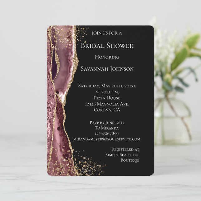 Blush Pink Black Rose Gold Glitter Bridal Shower Invitation (Standing Front)