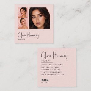 Blush Pink Black Script 3 Photo Makeup Square Business Card
