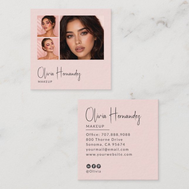 Blush Pink Black Script 3 Photo Makeup  Square Business Card (Front/Back)