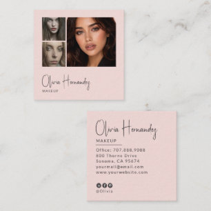 Blush Pink Black Script 3 Photo Makeup Square Business Card