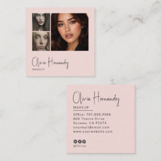 Blush Pink Black Script 3 Photo Makeup  Square Business Card