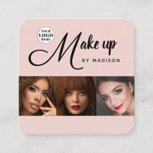 Blush Pink Black Script 3 Photo Makeup Square Business Card