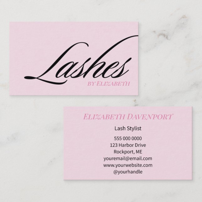Blush Pink Black Script Lashes Business Card (Front/Back)
