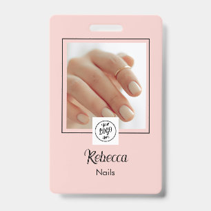 Blush Pink Black Script Logo Nails Photo ID Badge