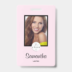 Blush Pink Black Script Logo Photo Makeup Badge ID Badge