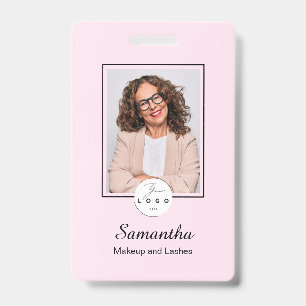 Blush Pink Black Script Logo Photo Makeup ID Badge