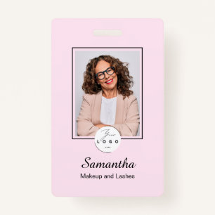 Blush Pink Black Script Logo Photo Makeup ID Badge