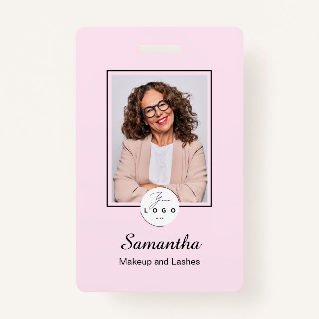 Blush Pink Black Script Logo Photo Makeup ID Badge (Front)