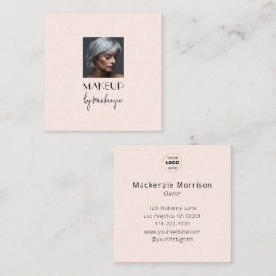 Blush Pink Black Script Logo Photo Makeup Square Business Card