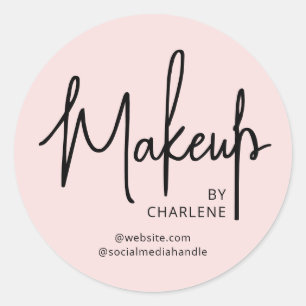 Blush Pink Black Script Makeup Classic Round Sticker