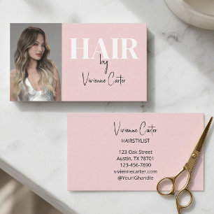 Blush Pink Black Script Photo Hair Stylist Business Card