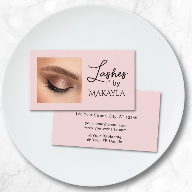 Blush Pink Black Script Photo Lashes Business Card (Creator Uploaded)