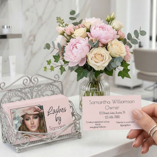 Blush Pink Black Script Photo Lashes Business Card