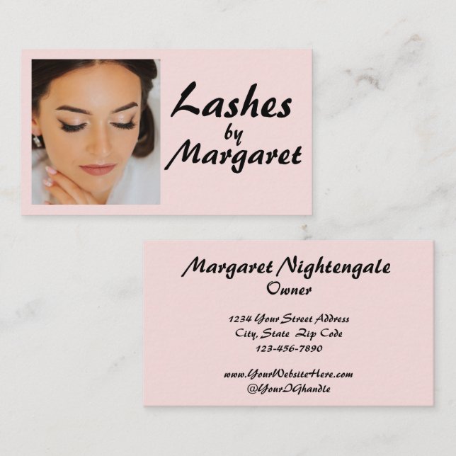 Blush Pink Black Script Photo Lashes Makeup Business Card (Front/Back)
