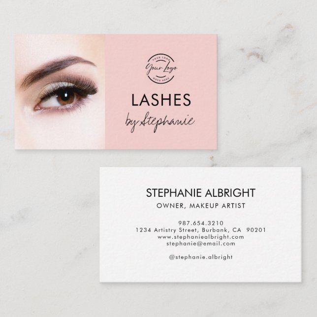 Blush Pink Black Script Photo Lashes Studio Business Card (Front/Back)