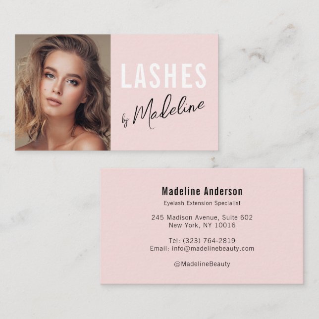 Blush Pink Black Script Photo Lashes Studio Business Card (Front/Back)