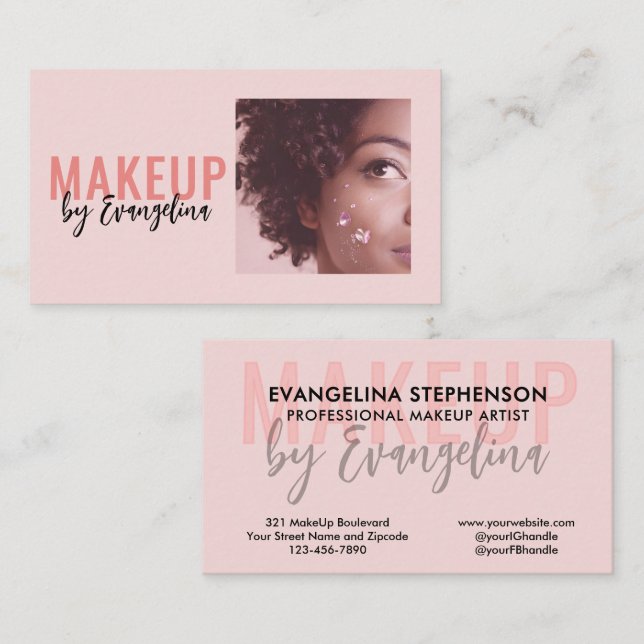 Blush Pink Black Script Photo Makeup Artist Business Card (Front/Back)