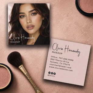Blush Pink Black Script Photo Makeup Artist Square Business Card
