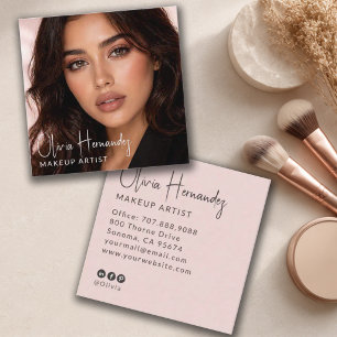 Blush Pink Black Script Photo Makeup Artist Square Business Card