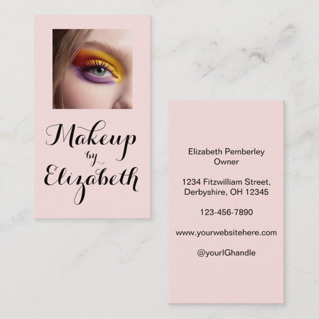 Blush Pink Black Script Photo Makeup Business Card (Front/Back)
