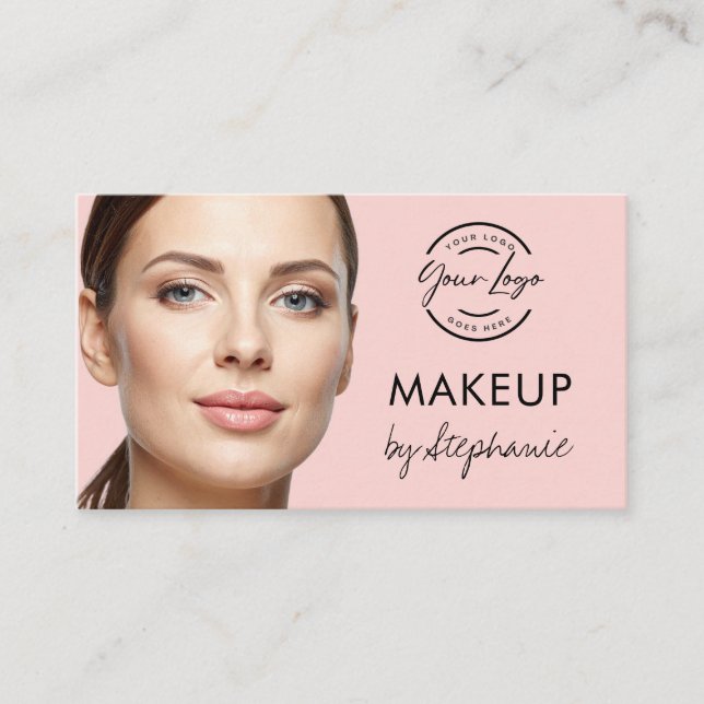 Blush Pink Black Script Photo Makeup Business Card (Front)