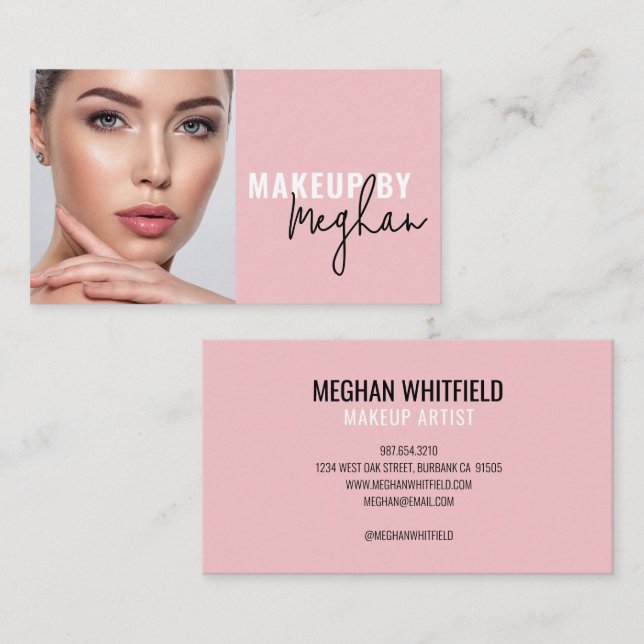 Blush Pink Black Script Photo Makeup Business Card (Front/Back)