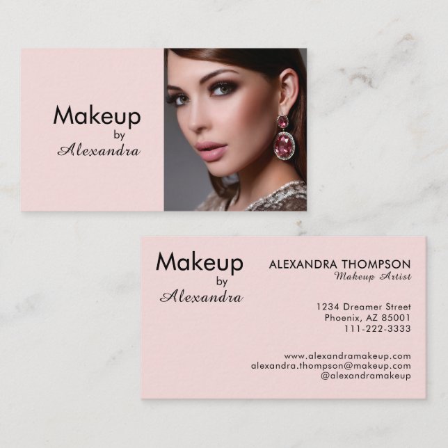 Blush Pink Black Script Photo Makeup Business Card (Front/Back)