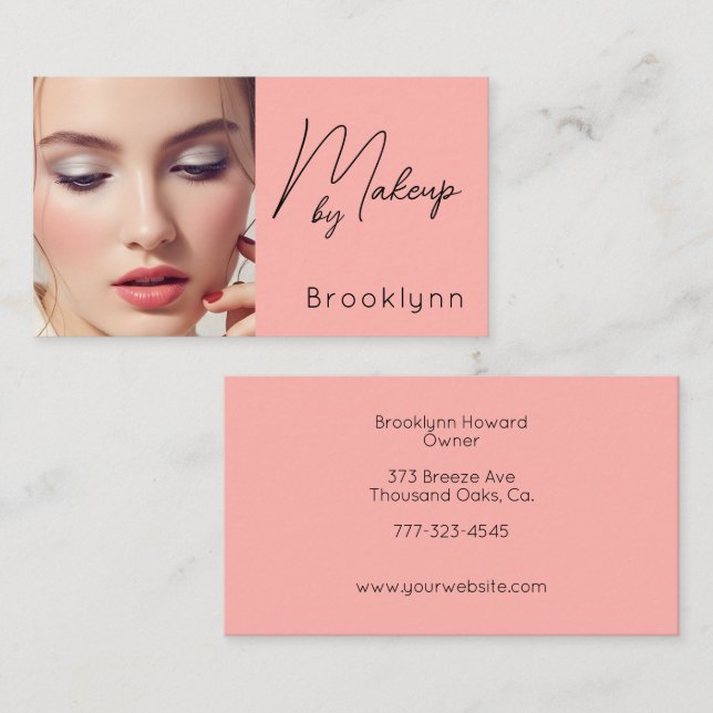 Blush Pink Black Script Photo Makeup Business  Card (Front/Back)