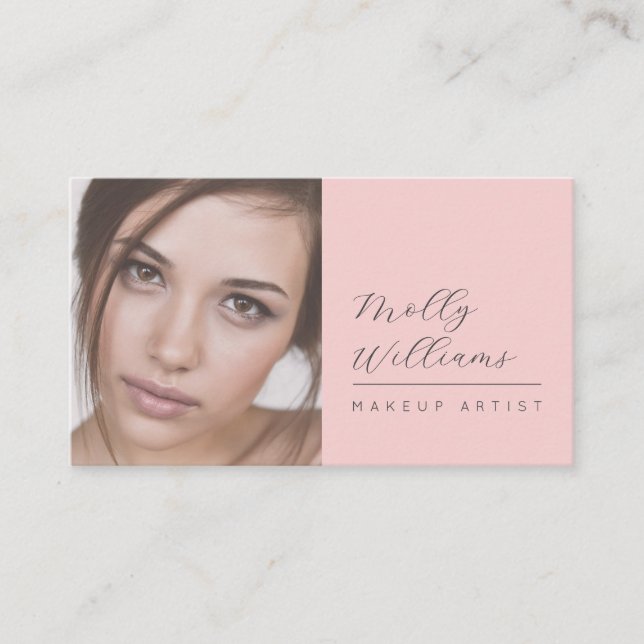 Blush Pink Black Script Photo Makeup Business Card (Front)
