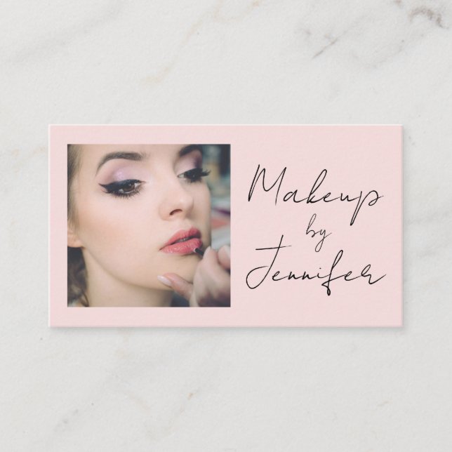 Blush Pink Black Script Photo Makeup Business Card (Front)