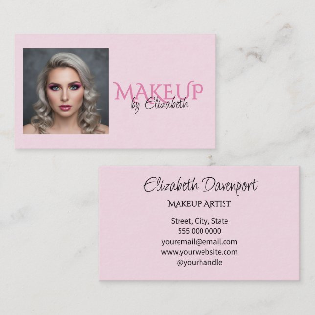 Blush Pink Black Script Photo Makeup Business Card (Front/Back)