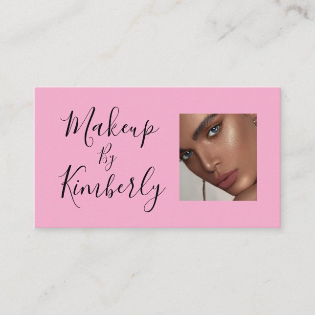 Blush Pink Black Script Photo Makeup Business Card (Front)