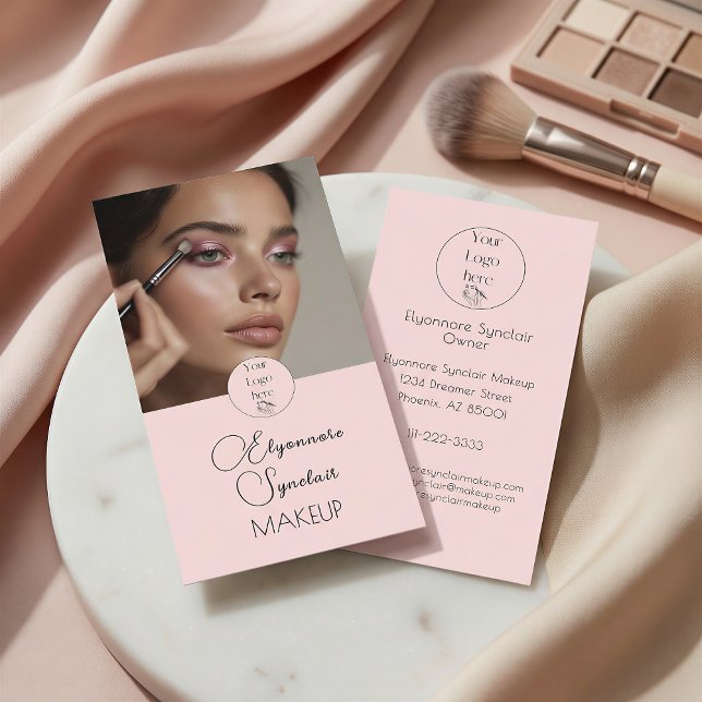 Blush Pink Black Script Photo Makeup  Business Card (Creator Uploaded)