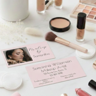 Blush Pink Black Script Photo Makeup Business Card