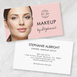 Blush Pink Black Script Photo Makeup Business Card