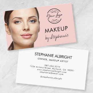 Blush Pink Black Script Photo Makeup Business Card
