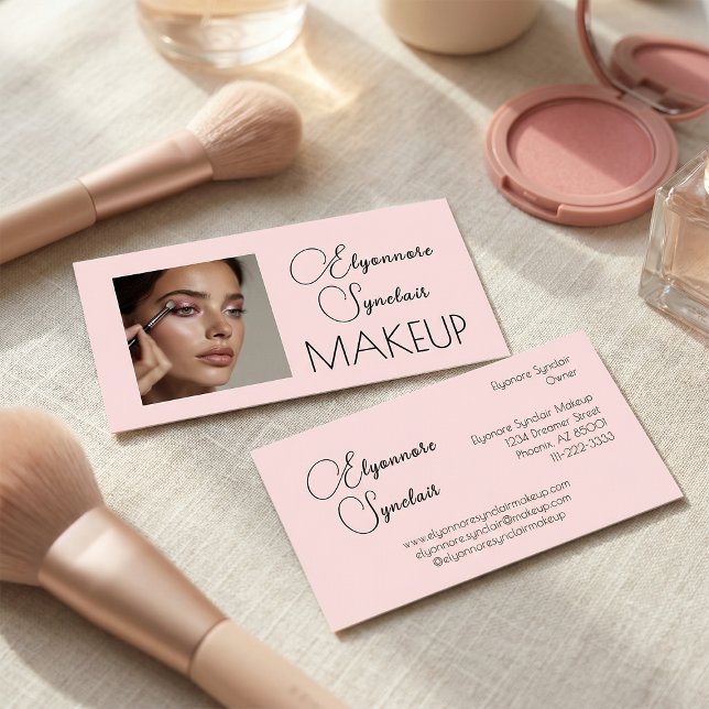 Blush Pink Black Script Photo Makeup  Business Card (Creator Uploaded)