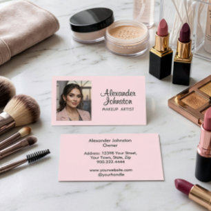 Blush Pink Black Script Photo Makeup Business Card
