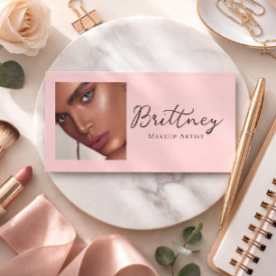 Blush Pink Black Script Photo Makeup Business Card