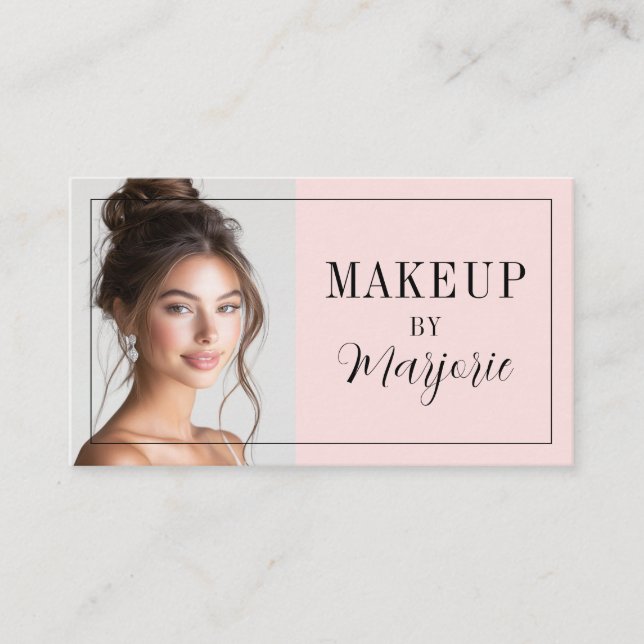 Blush Pink Black Script Photo Makeup Business Card (Front)