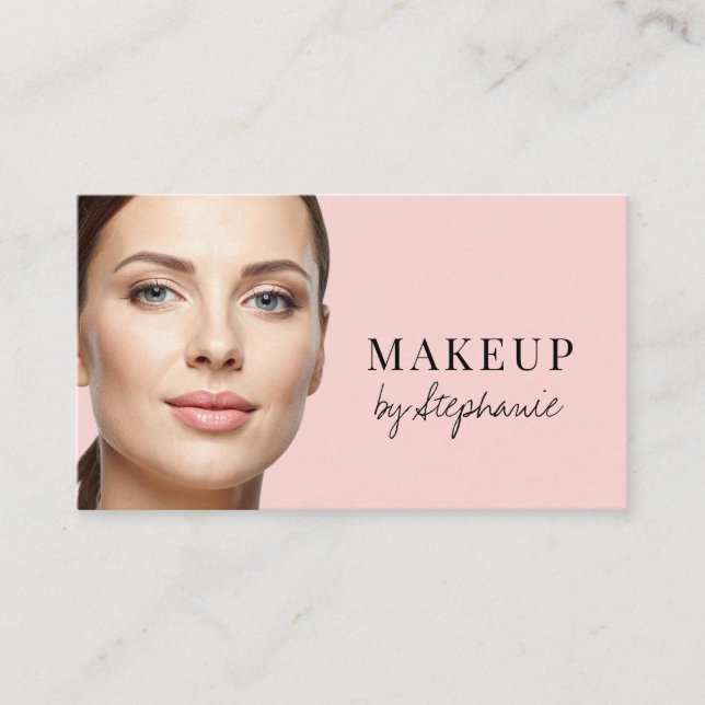 Blush Pink Black Script Photo Makeup Business Card (Front)