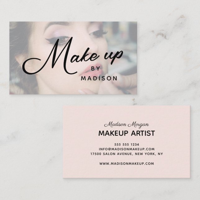 Blush Pink Black Script Photo Makeup Business Card (Front/Back)