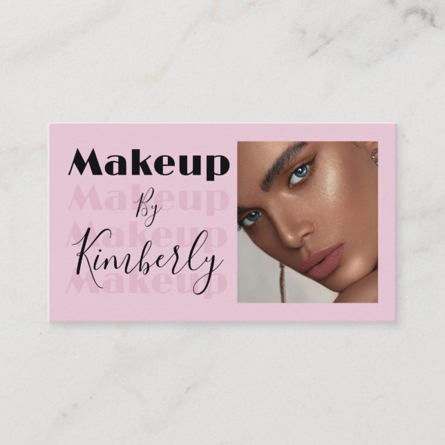 Blush Pink Black Script Photo Makeup Business Card (Front)