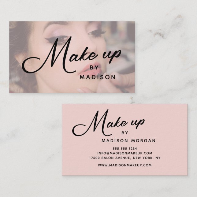Blush Pink Black Script Photo Makeup Business Card (Front/Back)