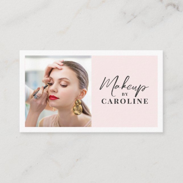 Blush Pink Black Script Photo Makeup  Business Card (Front)