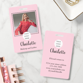 Blush Pink Black Script Photo Makeup Business ID Badge
